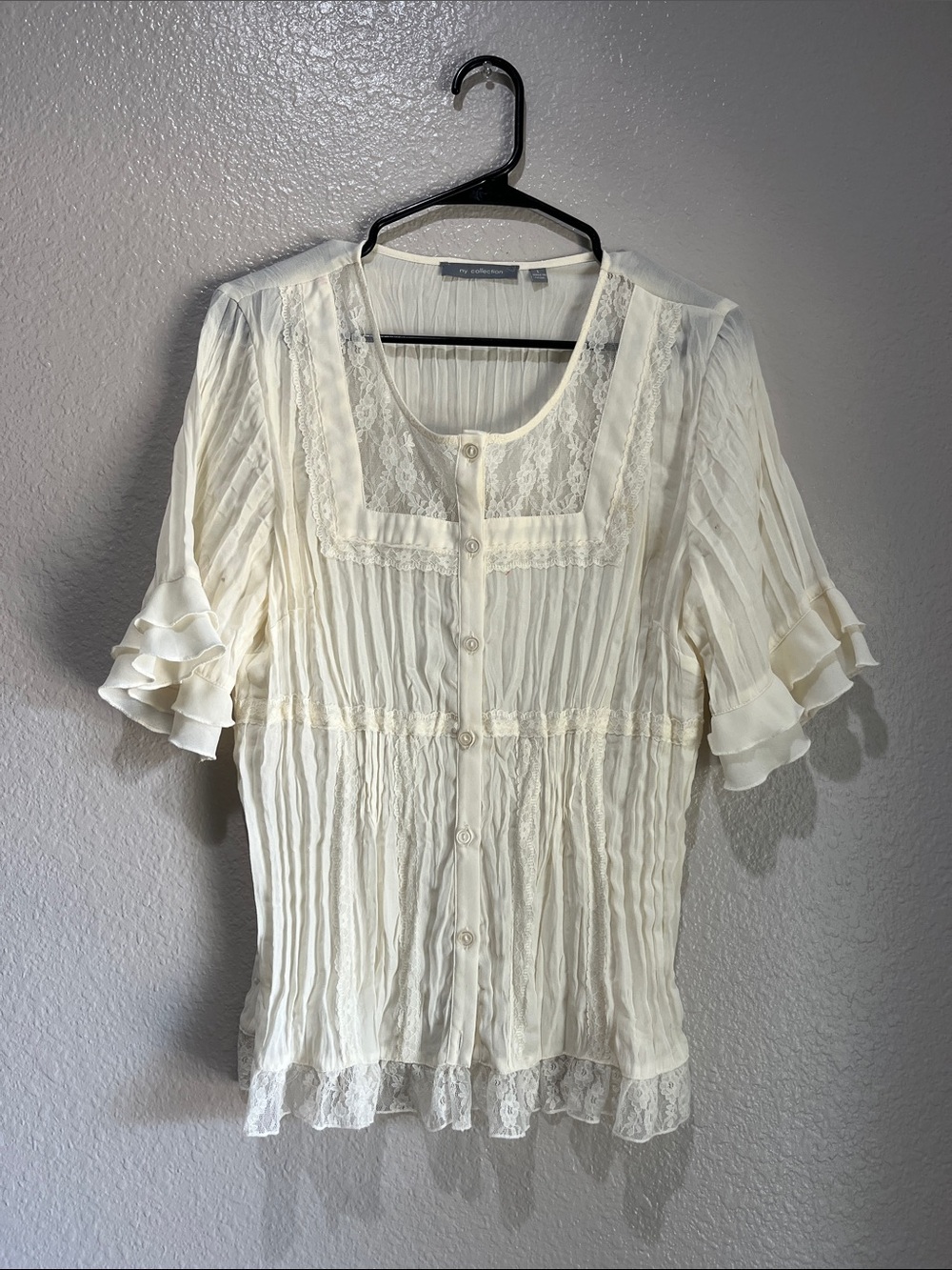 NY Collection Cream Lace-Trim Button Front Blouse Sz L Boho Feminine Chic